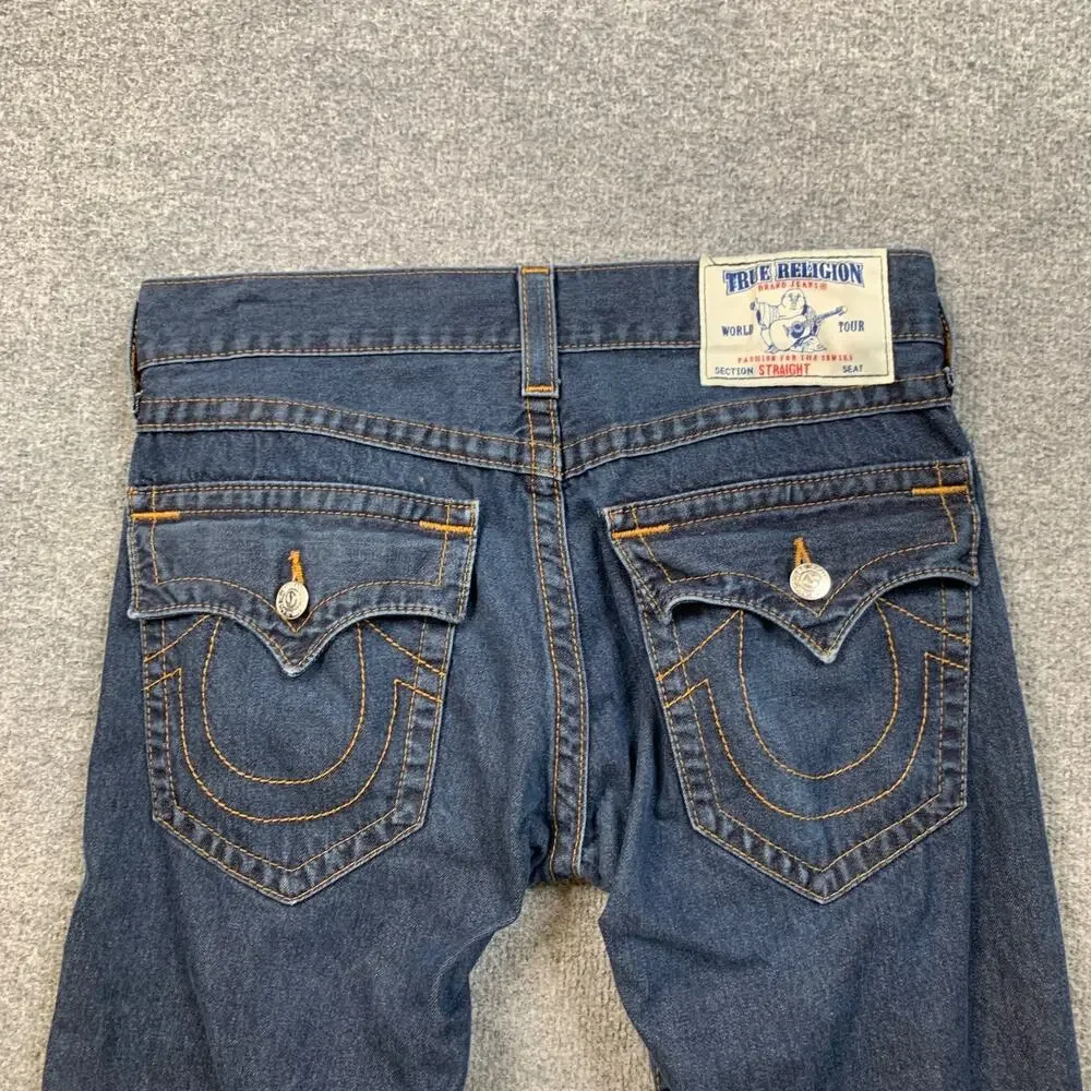 True Religion Jeans Mens 32 Denim Straight Leg Flap Pocket Dark Wash Cotton
